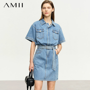 Amii短袖牛仔连衣裙女小个子2023夏季女装薄款裙子翻领牛仔裙