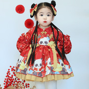 女童秋冬连衣裙女宝宝长袖公主裙子儿童熊猫印花中式圣诞节蓬蓬裙