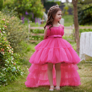 亚马逊花童公主裙可拆卸拖尾晚礼服女童婚纱六一儿童节表演服