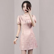 新中式旗袍2024女夏改良年轻款少女高端气质连衣裙粉红色短款
