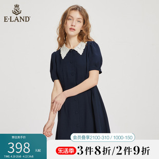 Eland衣恋短袖连衣裙优雅蕾丝领口气质收腰显瘦裙子女夏季