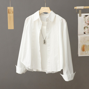 设计感小众白色衬衫外套，女长袖短款小个子上衣，春秋季休闲宽松衬衣