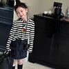 韩国童装春秋女童可爱米奇黑白条纹，修身连帽上衣洋气百搭长袖t恤