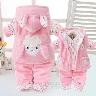 女宝宝秋冬装加厚三件套0-1-2岁女童棉衣服3-6-9个月婴儿童外出服
