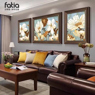 美式客厅装饰画沙发背景墙，挂画手绘油画欧式三联画复古壁画高级感