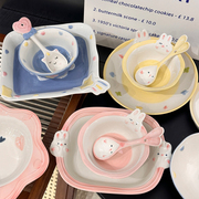 可爱兔子碗碟套装釉下彩，高级感陶瓷饭碗菜盘家用餐具甜品碗酸奶碗