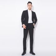 川泽男士黑色西装二件套韩版修身西服套装单排扣轻商务套西潮
