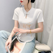新中式国风树叶印花盘扣镂空针织衫，女纯色v领修身薄款套头，毛线衣(毛线衣)