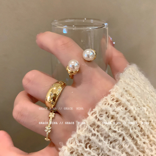气质千金~宫廷风锆石珍珠戒指女小众设计情侣对戒时尚个性食指戒