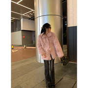 王少女(王少女)的店粉色，宽松毛毛外套2024年冬季气质百搭翻领显瘦皮草上衣