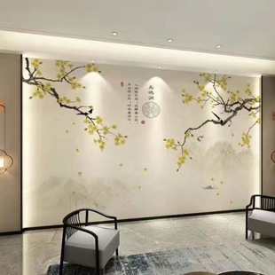 新中式花鸟电视背景墙大气现代网红壁纸家用客厅影视墙布装饰壁画