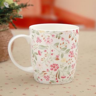 骨瓷杯子家用办公室，女士可爱水杯咖啡杯陶瓷盖杯花纹马克杯茶杯