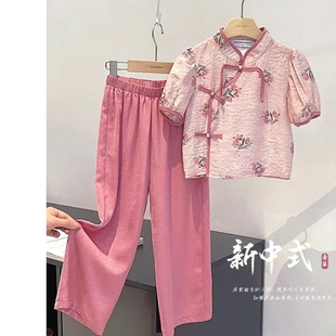 女童新中式短袖套装夏款2024夏季儿童国风碎花淑女两件套小孩