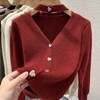 红色法式毛衣开衫外套女秋冬加厚设计感小众长袖V领针织挂脖上衣