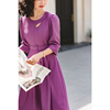复古紫红色镂空腰带泡泡袖A摆连衣裙
