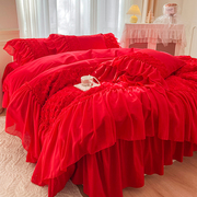 公主风蕾丝全棉床裙结婚四件套，大红玫瑰被套新婚陪嫁婚庆床上用品