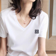 韩国白色V领短袖t恤夏2024洋气潮流时尚纯棉宽松百搭减龄上衣