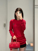 2024春季红色天丝棉时尚，微标甜美修身显瘦长袖t恤裙打底衫女