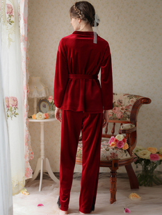 女士新中式宫廷金丝绒酒红色结婚性感睡衣女高级感家居服套装女款