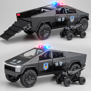 大号合金特斯拉皮卡警车玩具男孩，公安110越野车模型小汽车玩具车