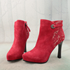 37码红色时尚超高跟羊猄真皮蕾丝布女鞋子短筒靴子时装靴X151-2