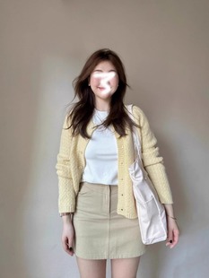 韩版芝士泡芙针织衫，女2024年早春季宽松百搭黄色，针织开衫毛衣