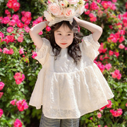 韩版女童复古泡袖夏蓬蓬(夏蓬蓬，)上衣甜美百搭短袖绣花洋气甜美森系娃娃衫