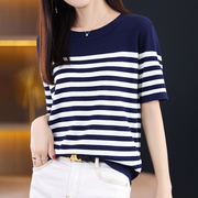 韩国圆领蓝白条纹t恤女短袖，夏季薄海军风，圆领冰丝针织打底衫上衣