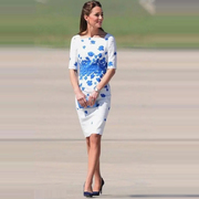 凯特王妃同款女装显瘦潮夏季高端优雅气质蓝色印花短袖连衣裙