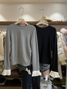 韩国东大门2024年冬季韩版纯棉，长袖拼接设计感假两件t桖上衣