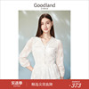 goodland美地女装春季v领镂空蕾丝，钉珠设计白色衬衫上衣