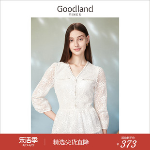 goodland美地女装春季v领镂空蕾丝钉珠设计白色衬衫上衣