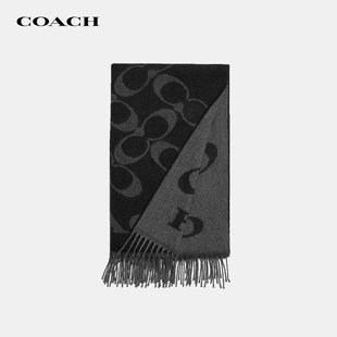 COACH/蔻驰羊毛女士围巾流苏奶茶色字母印花男士秋冬围脖CB684