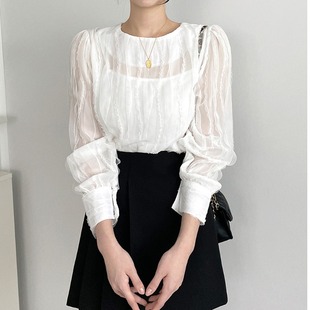 韩国chic早春法式圆领重工高级透视花边搭配吊带长袖蕾丝雪纺衬衫