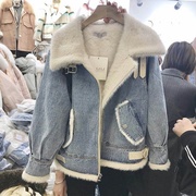 羊羔毛牛仔外套女短款20s23年秋冬季韩版加绒棉服保暖夹克上