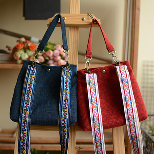 刺绣织带包包森系复古小包斜跨包手提包花卉斜跨麻布藏青色手工包
