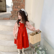 童装春季女童红色波点衬衫女宝宝大裙摆公主背带裙连衣裙套装