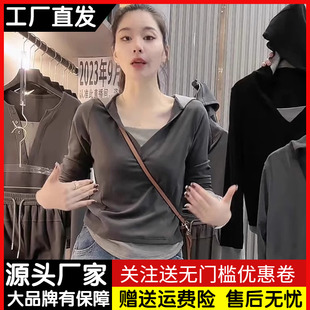 欧货连帽假两件长袖t恤女春秋季时尚洋气，内搭打底衫短款上衣潮ins