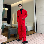 亮色时髦宽松直筒休闲裤，垂感长裤子潮男网红高级感大红色阔腿西裤