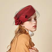 法式复古网纱贝雷帽女士优雅花朵，羊毛呢空姐，帽时尚名媛秋冬小礼帽