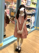 原创自制日系法式复古酒红格纹可爱连衣裙，小个百搭甜美娃娃领裙