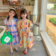 女童韩版裙子糖果色清新方领姐妹装连衣裙，公主裙夏装外贸童装