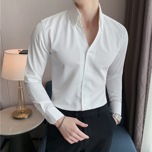 高级感大v领免烫白衬衫，男长袖修身帅气商务休闲立领西装衬衣潮流