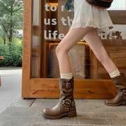 韩版2024春季复古欧美皮带扣粗跟西部风朋克时尚中筒靴子女潮