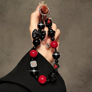 个性创意黑色珠子手提链条手腕短挂绳带夹片手机壳钥匙扣包包挂件