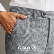 吉约蒙羊毛西裤男灰色格子，商务休闲直筒毛呢，西服西装裤子修身冬季