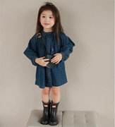 韩版女童牛仔娃娃裙立领连衣裙儿童单排扣水洗深色牛仔裙秋装