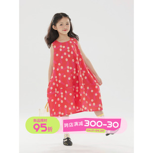 olamimi定制2023夏亲⼦可爱俏皮红色波点圆领，无袖灯笼型连衣裙