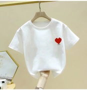女童短袖t恤2023夏装，韩版中大童女孩洋气宽松纯棉，白色半袖上衣服