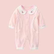 2024春装婴儿长袖连身衣纯棉，0-1岁女宝宝棉哈衣爬服连体衣粉色